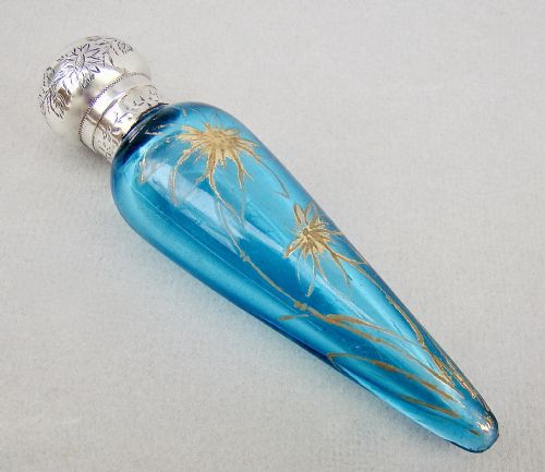 Rare Victorian Aesthetic Movement Silver and Turquoise Gilt Glass Scent Bottle by George Howson, Birmingham 1884
