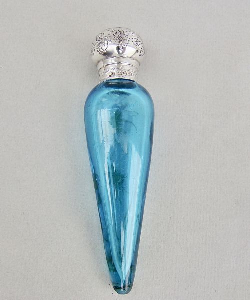 fig 1. RARE VICTORIAN AESTHETIC MOVEMENT SILVER AND TURQUOISE GILT GLASS SCENT BOTTLE BY GEORGE HOWSON, BIRMINGHAM 1884