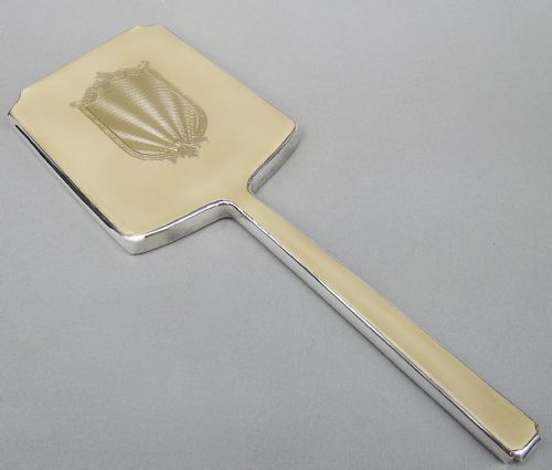 Art Deco Silver and Champagne Colour Guilloche Enamel Hand Mirror by William Neale Birmingham 1938

