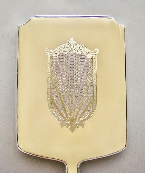 fig 2. ART DECO SILVER AND CHAMPAGNE COLOUR GUILLOCHE ENAMEL HAND MIRROR BY WILLIAM NEALE BIRMINGHAM 1938