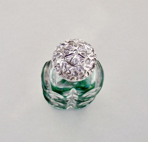 fig 1. LARGE VICTORIAN SILVER AND BRISTOL GREEN OVERLAY BOHEMIAN GLASS SCENT BOTTLE , CIRCA 1890