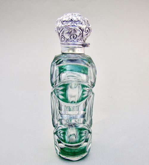 fig 3. LARGE VICTORIAN SILVER AND BRISTOL GREEN OVERLAY BOHEMIAN GLASS SCENT BOTTLE , CIRCA 1890