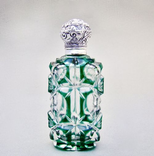 Large Victorian Silver and Bristol Green Overlay Bohemian Glass Scent Bottle , Circa 1890
