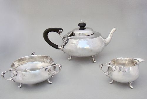 Fabulous Arts & Craft Spot-hammered Silver Tea Service by Charles Edward, London 1913