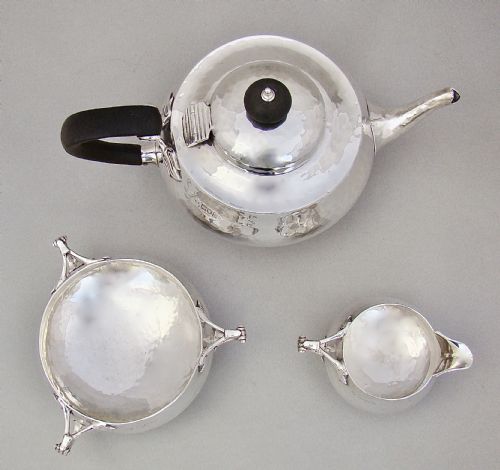 fig 1. FABULOUS ARTS & CRAFT SPOT-HAMMERED SILVER TEA SERVICE BY CHARLES EDWARD, LONDON 1913