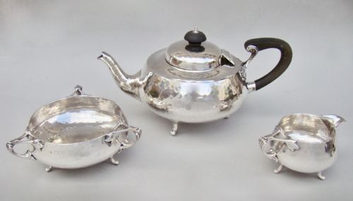 fig 2. FABULOUS ARTS & CRAFT SPOT-HAMMERED SILVER TEA SERVICE BY CHARLES EDWARD, LONDON 1913