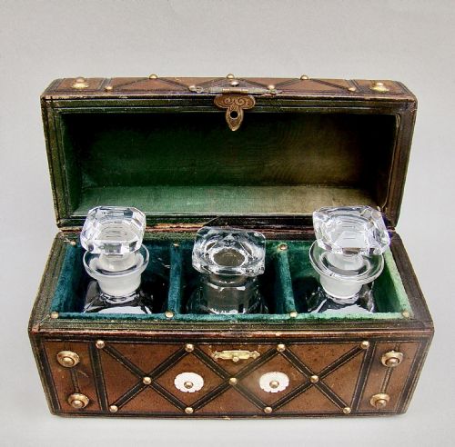 Victorian Travelling Scent Bottle Leather Casket, Circa 1880