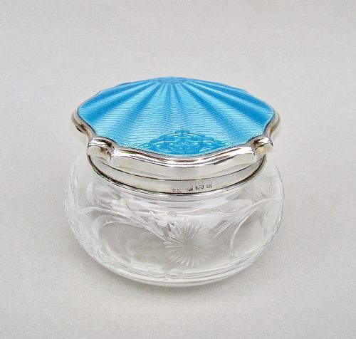 Exquisite Art Deco Silver & Guilloche Enamel Dressing Table Jar by the Adie Brothers, Birmingham 1929