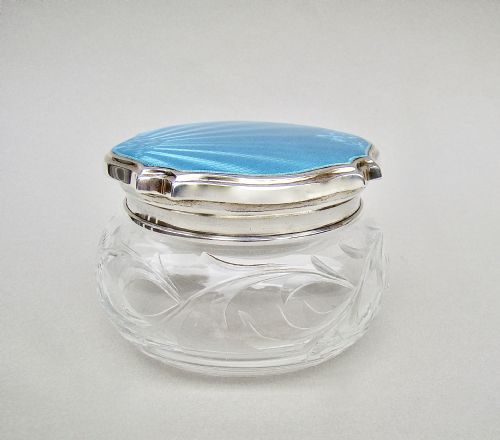 fig 1. EXQUISITE ART DECO SILVER & GUILLOCHE ENAMEL DRESSING TABLE JAR BY THE ADIE BROTHERS, BIRMINGHAM 1929