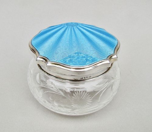 fig 2. EXQUISITE ART DECO SILVER & GUILLOCHE ENAMEL DRESSING TABLE JAR BY THE ADIE BROTHERS, BIRMINGHAM 1929