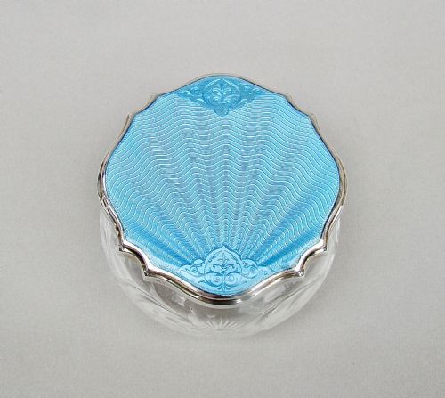 fig 3. EXQUISITE ART DECO SILVER & GUILLOCHE ENAMEL DRESSING TABLE JAR BY THE ADIE BROTHERS, BIRMINGHAM 1929