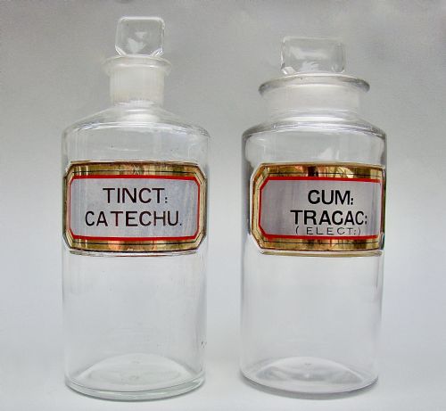 Rare Pair of Medium-sized Victorian Grey Label Apothecary Bottles, Circa 1890

