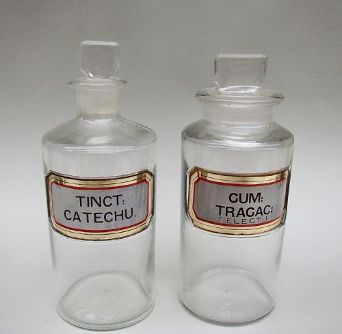 fig 1. RARE PAIR OF MEDIUM-SIZED VICTORIAN GREY LABEL APOTHECARY BOTTLES, CIRCA 1890