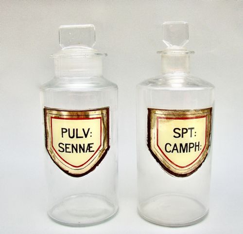 Rare Pair of Medium-sized Victorian Yellow Label Apothecary Bottles, Circa 1890
