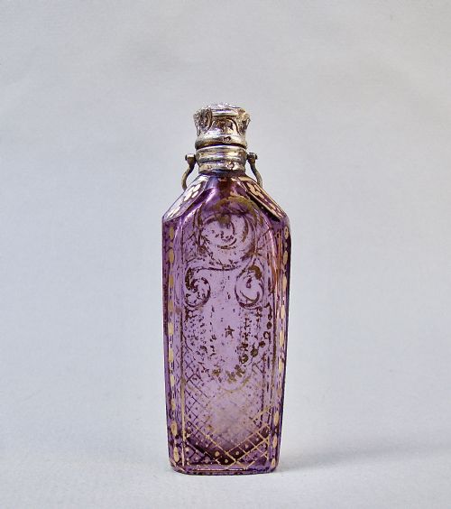 fig 1. RARE MINIATURE 19TH C. FRENCH SILVER GILT & AMETHYST GLASS CHATELAINE SCENT BOTTLE, CIRCA 1870