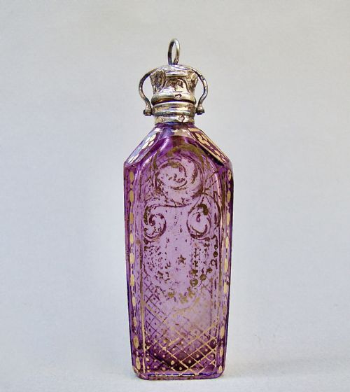 Rare Miniature 19th C. French Silver Gilt & Amethyst Glass Chatelaine Scent Bottle, Circa 1870