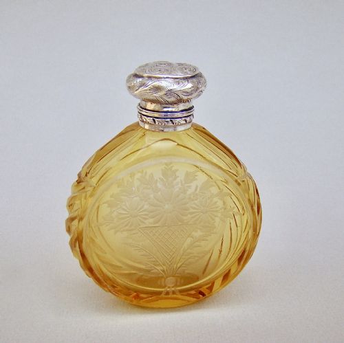 Exquisite Victorian Silver & Etched Amber Glass Scent Bottle, Circa 1890