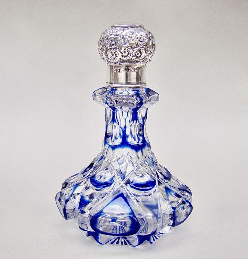 Stunning Edwardian Silver and Bristol Blue Overlay Bohemian Glass Scent Bottle by Charles May, Birmingham 1909