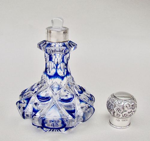 fig 3. STUNNING EDWARDIAN SILVER AND BRISTOL BLUE OVERLAY BOHEMIAN GLASS SCENT BOTTLE BY CHARLES MAY, BIRMINGHAM 1909