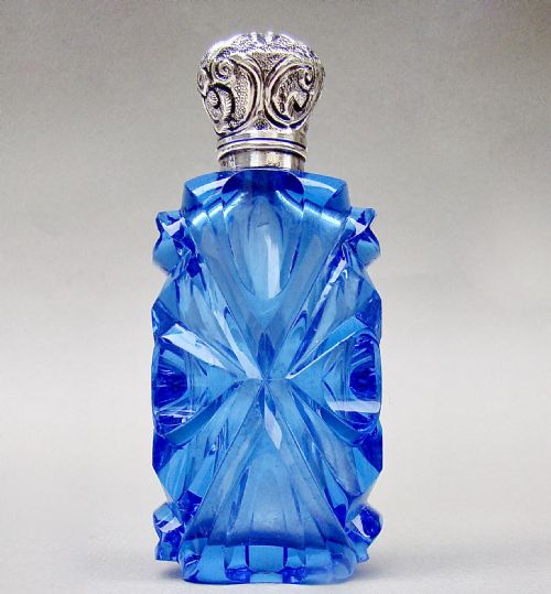 Exquisite Victorian Silver & Blue Uranium Glass Scent Bottle , Circa 1890