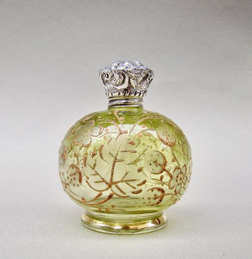 Delightful 19th C. Moser Silver Mounted Green and Gilt Glass Scent Bottle, Circa 1890