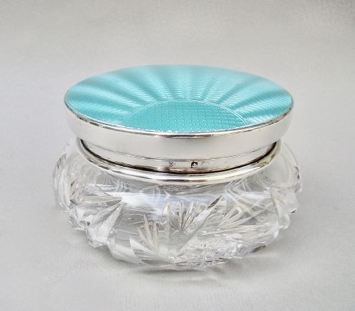fig 1. FABULOUS ART DECO SILVER & GUILLOCHE ENAMEL DRESSING TABLE JAR, BIRMINGHAM CIRCA 1920