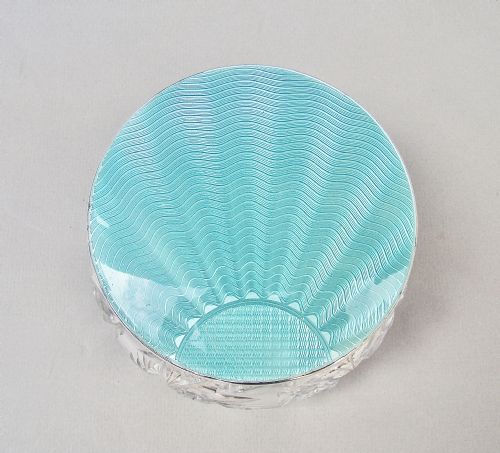 fig 2. FABULOUS ART DECO SILVER & GUILLOCHE ENAMEL DRESSING TABLE JAR, BIRMINGHAM CIRCA 1920