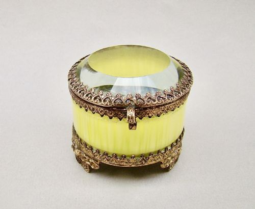 Unusual Small 19th C. French Ormulu & Lime Green Glass Trinket Box, Circa 1890