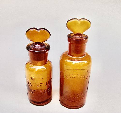 Charming Pair of Small 19th Century French Amber Glass Apothecary Bottles