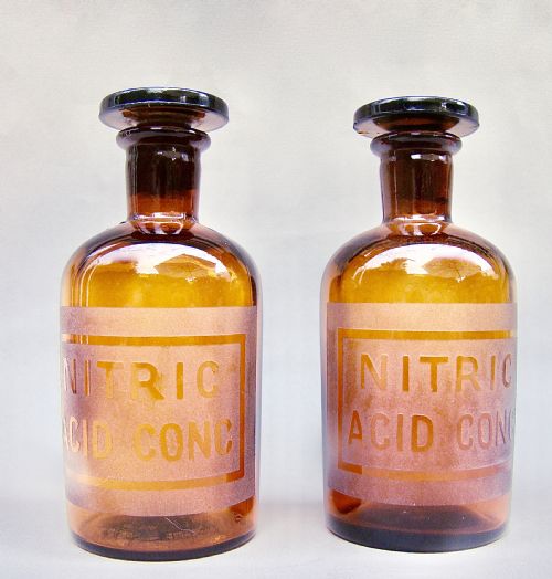 Unusual Pair of Early 20th Century Amber Glass Chemistry Bottles, Circa 1920