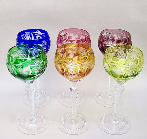 Fabulous Set of Six " Harlequin" Bohemian Crystal Hock Glasses, Circa 1890
