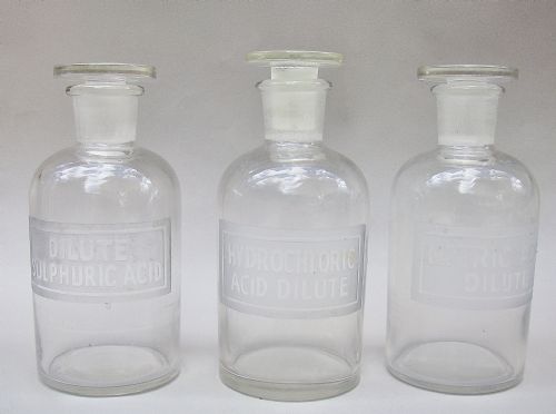 Unusual Set of Three Early 20th Century Etched Glass Chemistry Bottles, Circa 1920
