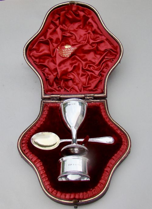 Superb Victorian 3-Piece Christening Set Complete with Egg Cup, Spoon & Napkin Ring by George Unite, Birmingham 1887