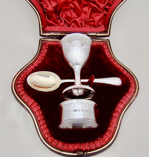 fig 1. SUPERB VICTORIAN 3-PIECE CHRISTENING SET COMPLETE WITH EGG CUP, SPOON & NAPKIN RING BY GEORGE UNITE, BIRMINGHAM 1887