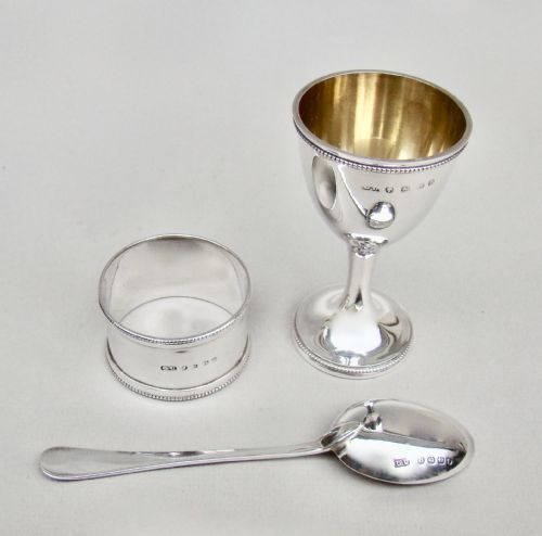 fig 2. SUPERB VICTORIAN 3-PIECE CHRISTENING SET COMPLETE WITH EGG CUP, SPOON & NAPKIN RING BY GEORGE UNITE, BIRMINGHAM 1887