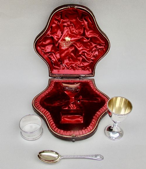 fig 3. SUPERB VICTORIAN 3-PIECE CHRISTENING SET COMPLETE WITH EGG CUP, SPOON & NAPKIN RING BY GEORGE UNITE, BIRMINGHAM 1887