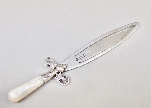 Edwardian Silver & Mother of Pearl Sword Shaped Bookmark by Crisford & Norris, Birmingham 1901