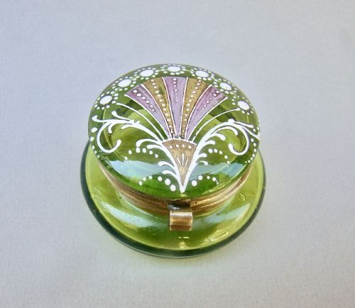 Delightful French Art Nouveau Green Glass Enamelled Trinket Box, Circa 1900