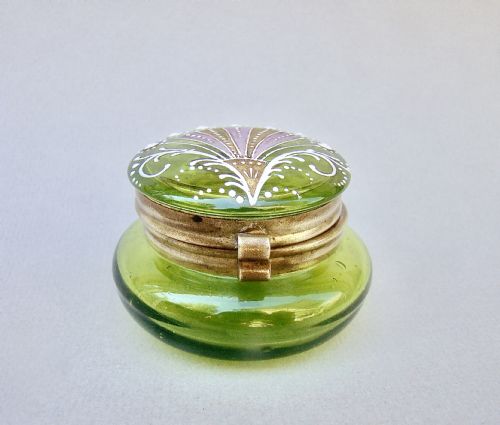 fig 1. DELIGHTFUL FRENCH ART NOUVEAU GREEN GLASS ENAMELLED TRINKET BOX, CIRCA 1900