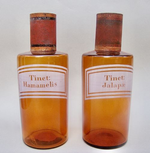 Rare Pair of 19th Century French Etched Amber Glass Apothecary Jars, Circa 1890
