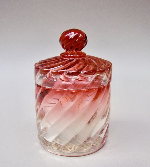 French Baccarat Bamboo Pattern Rose Teinte Lidded Powder Jar, Circa 1890