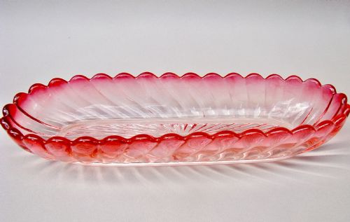 French Baccarat Bamboo Pattern Rose Teinte Large Dressing Table Dish, Circa 1890