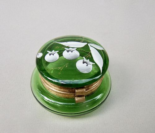 Delightful 19th Century French Green Glass Enamelled Trinket Box, Circa 1890