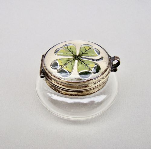Unusual 19th Century Glazed Four Leaf Clover Enamelled Glass Trinket Box, Circa 1890