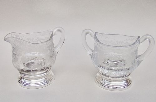 American Sterling Silver Chantilly Pattern Etched Glass Cream Jug & Sugar by the Sheffield Silver Co, New York, Circa 1900