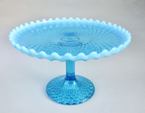 Rare Victorian Blue Pearline Glass Cake Stand by Davidson, Somerset Pattern, Circa 1895