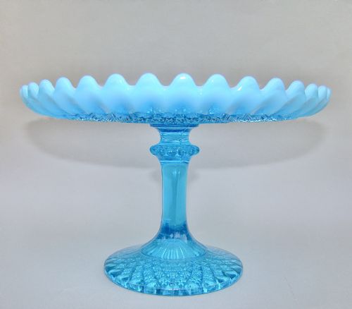 fig 1. RARE VICTORIAN BLUE PEARLINE GLASS CAKE STAND BY DAVIDSON, SOMERSET PATTERN, CIRCA 1895