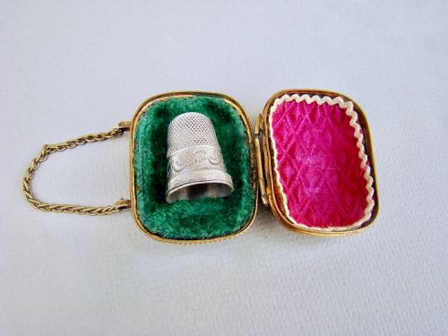 Exquisite Victorian Silver Thimble in Ormulu Chatelaine Thimble Case, Circa 1890
