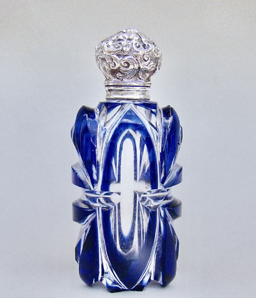 Large Victorian Silver and Bristol Blue Overlay Bohemian Glass Scent Bottle , Circa 1890