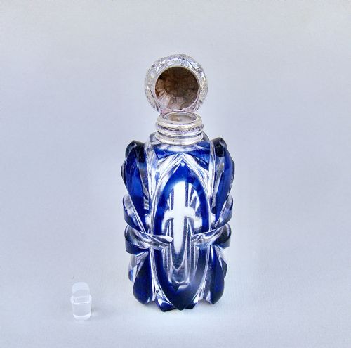 fig 2. LARGE VICTORIAN SILVER AND BRISTOL BLUE OVERLAY BOHEMIAN GLASS SCENT BOTTLE , CIRCA 1890